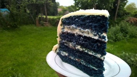 Slice of blue chocolate cake